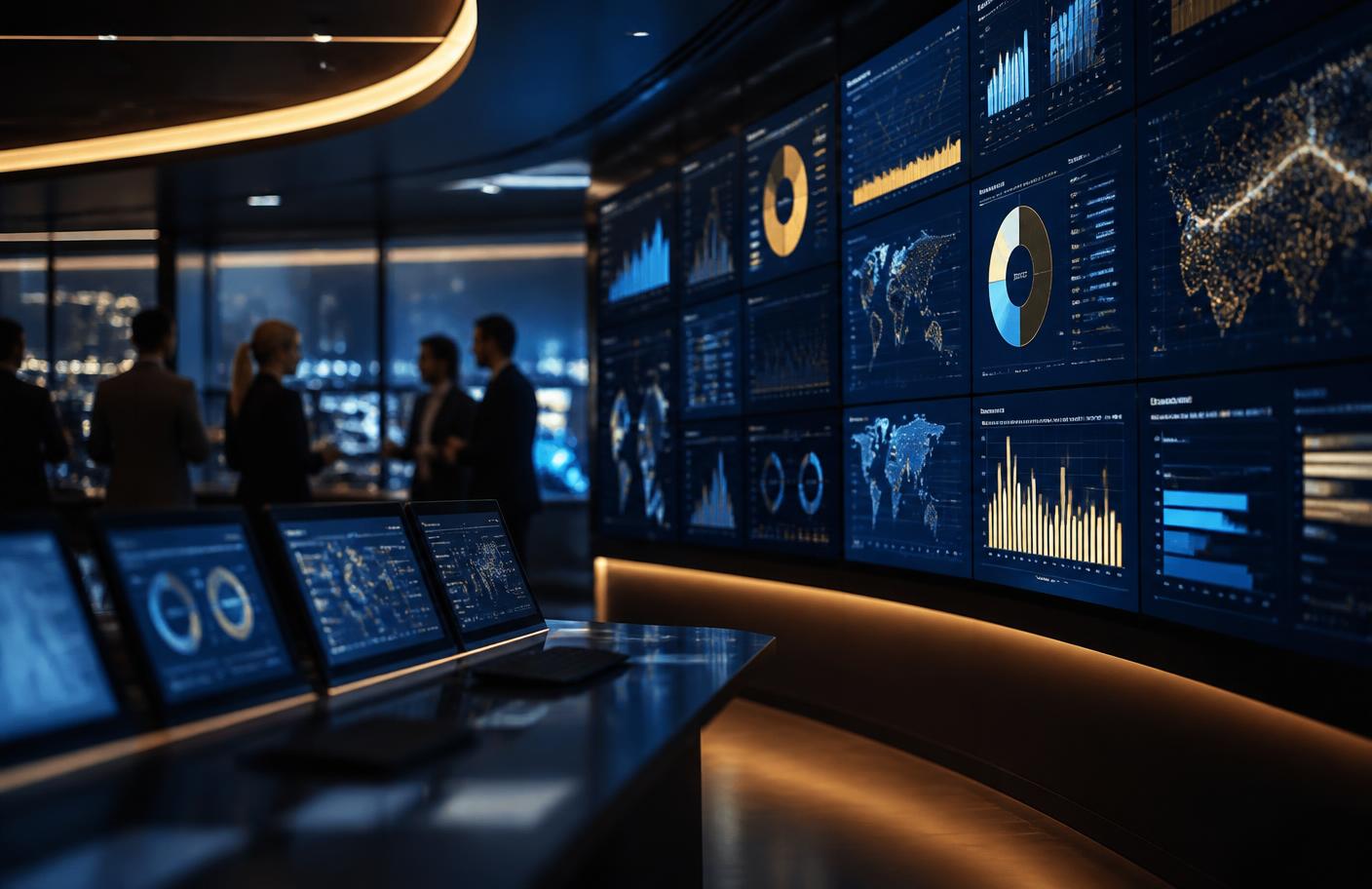 Operations dashboards displaying performance data in a modern control room